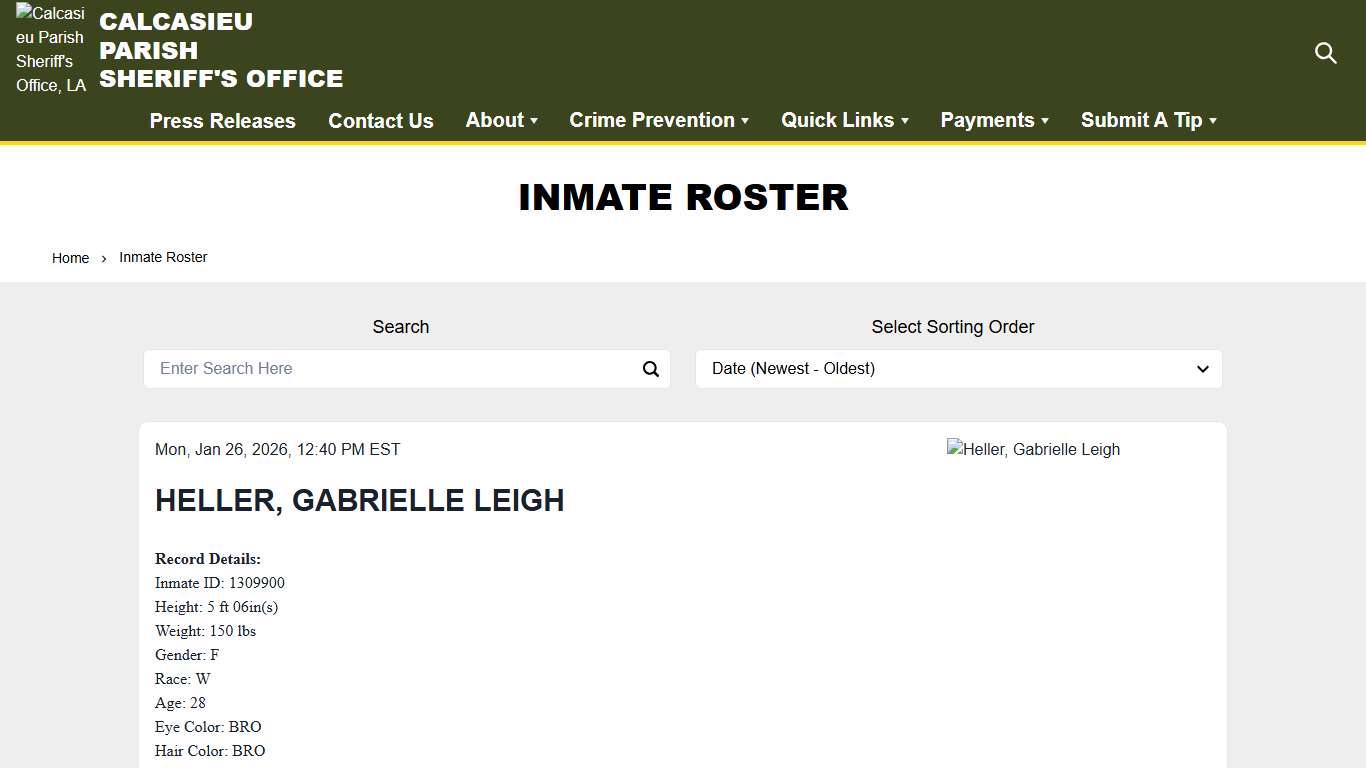 Inmate Roster Calcasieu Parish Sheriff's Office, LA